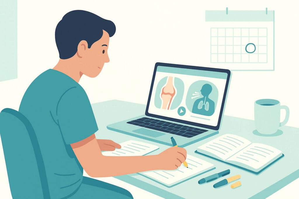 Fellow preparing for rheumatology board exam with online course, notes and exam date calendar